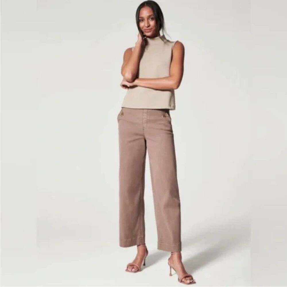 SPANX Stretch Twill Cropped Wide Leg Pants Pull-On Tan Office Women sz XL 20312R